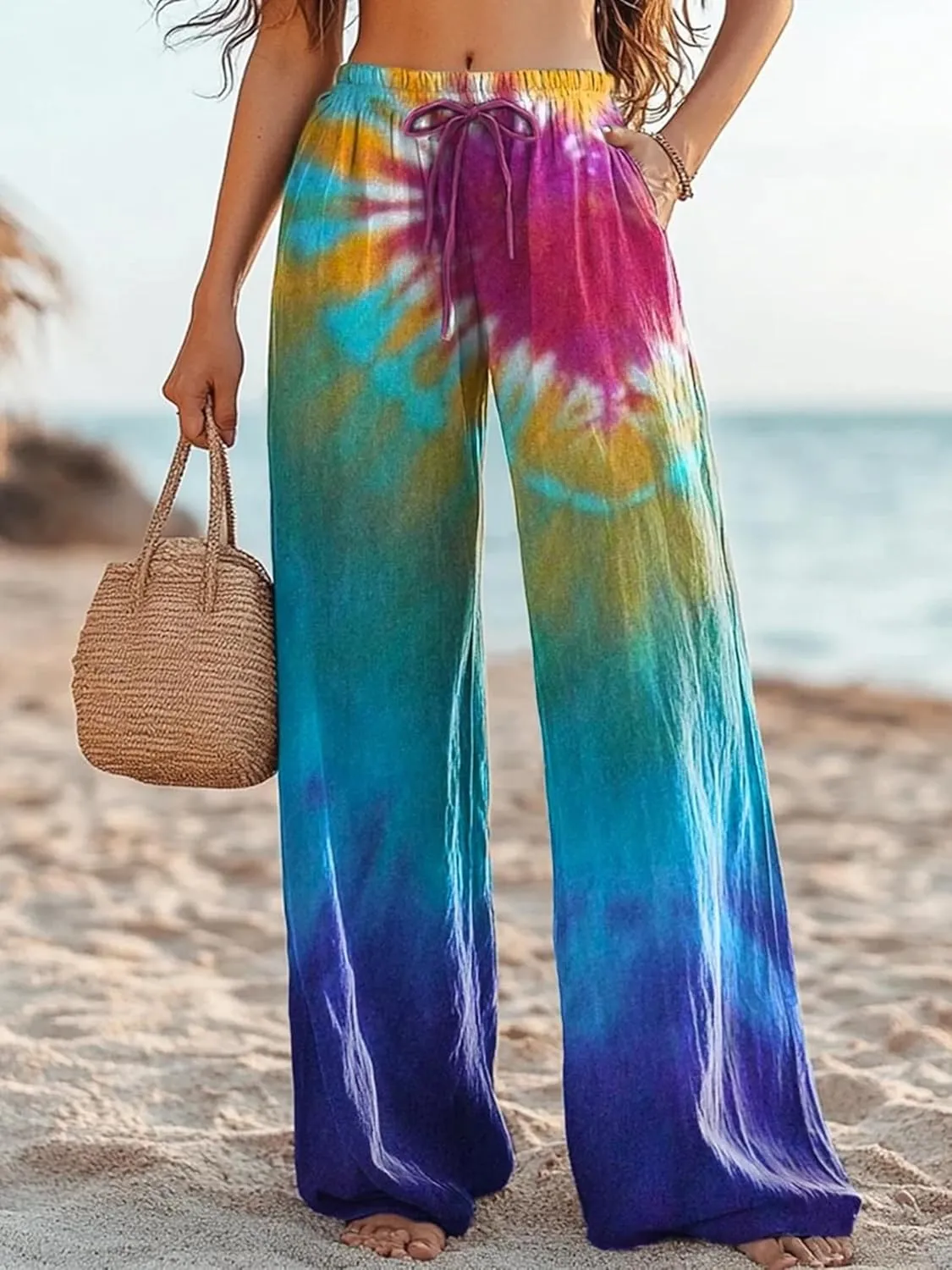 Boho Floral Wide Leg Pants for Women Cotton Linen Casual Loose Pants Summer Beach Flowers Print Flowy Long Pants