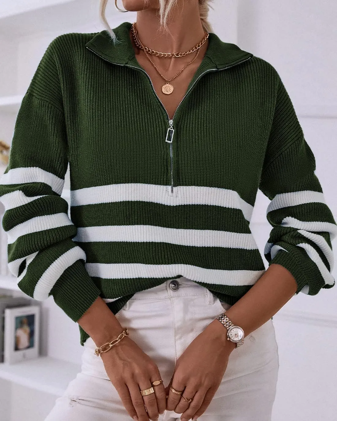 BTFBM Women 2025 Casual Long Sleeve Zip Striped Pullover Sweaters V Neck Collar Ribbed Knit Fall Winter Slouchy Jumpers