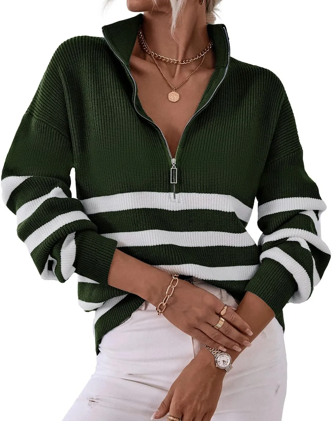 BTFBM Women 2025 Casual Long Sleeve Zip Striped Pullover Sweaters V Neck Collar Ribbed Knit Fall Winter Slouchy Jumpers