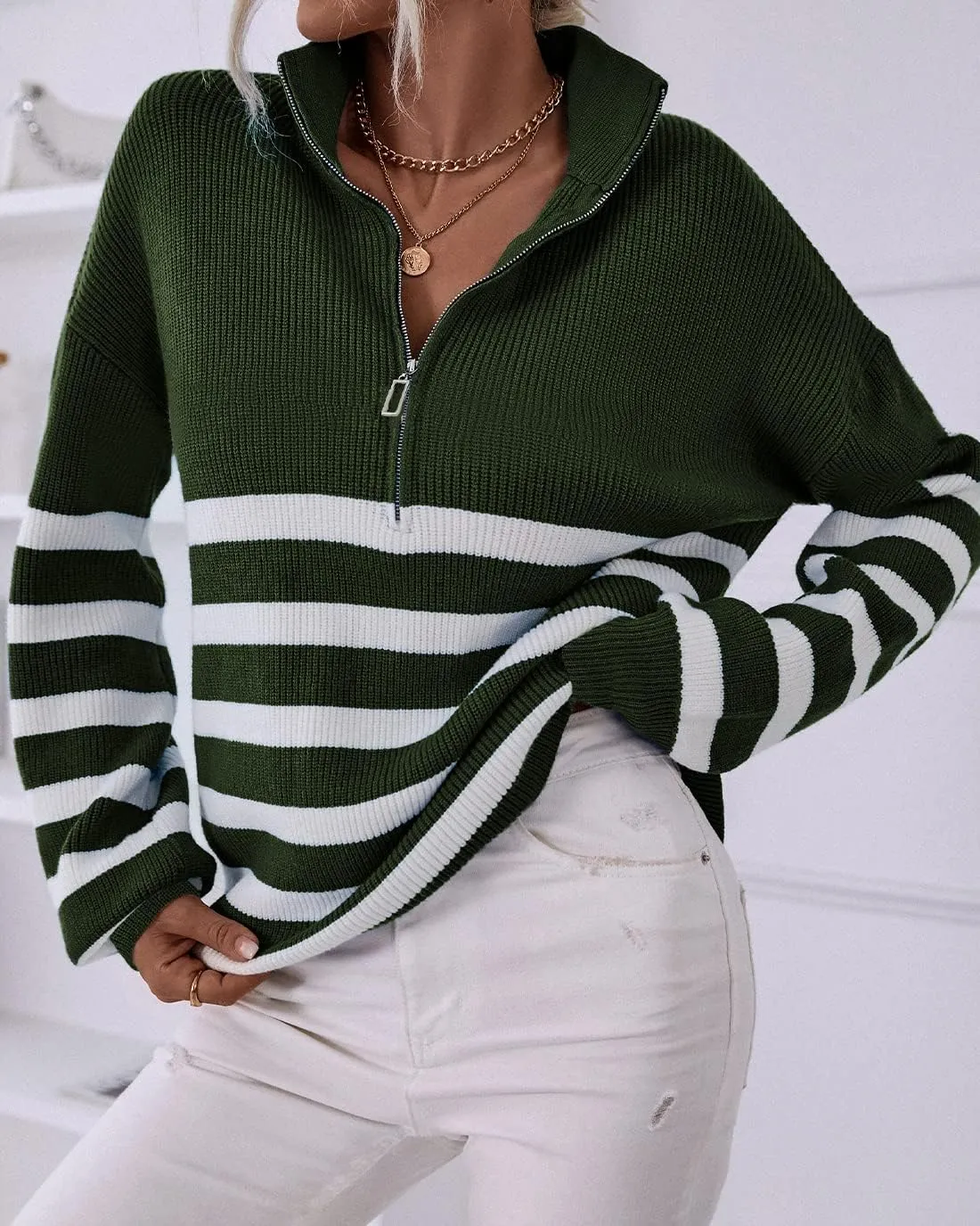 BTFBM Women 2025 Casual Long Sleeve Zip Striped Pullover Sweaters V Neck Collar Ribbed Knit Fall Winter Slouchy Jumpers
