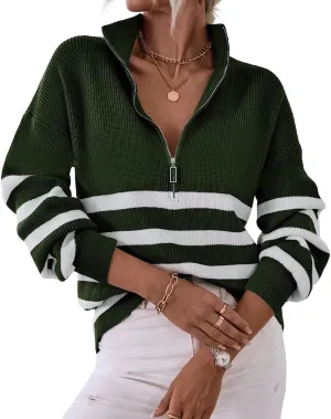 BTFBM Women 2025 Casual Long Sleeve Zip Striped Pullover Sweaters V Neck Collar Ribbed Knit Fall Winter Slouchy Jumpers