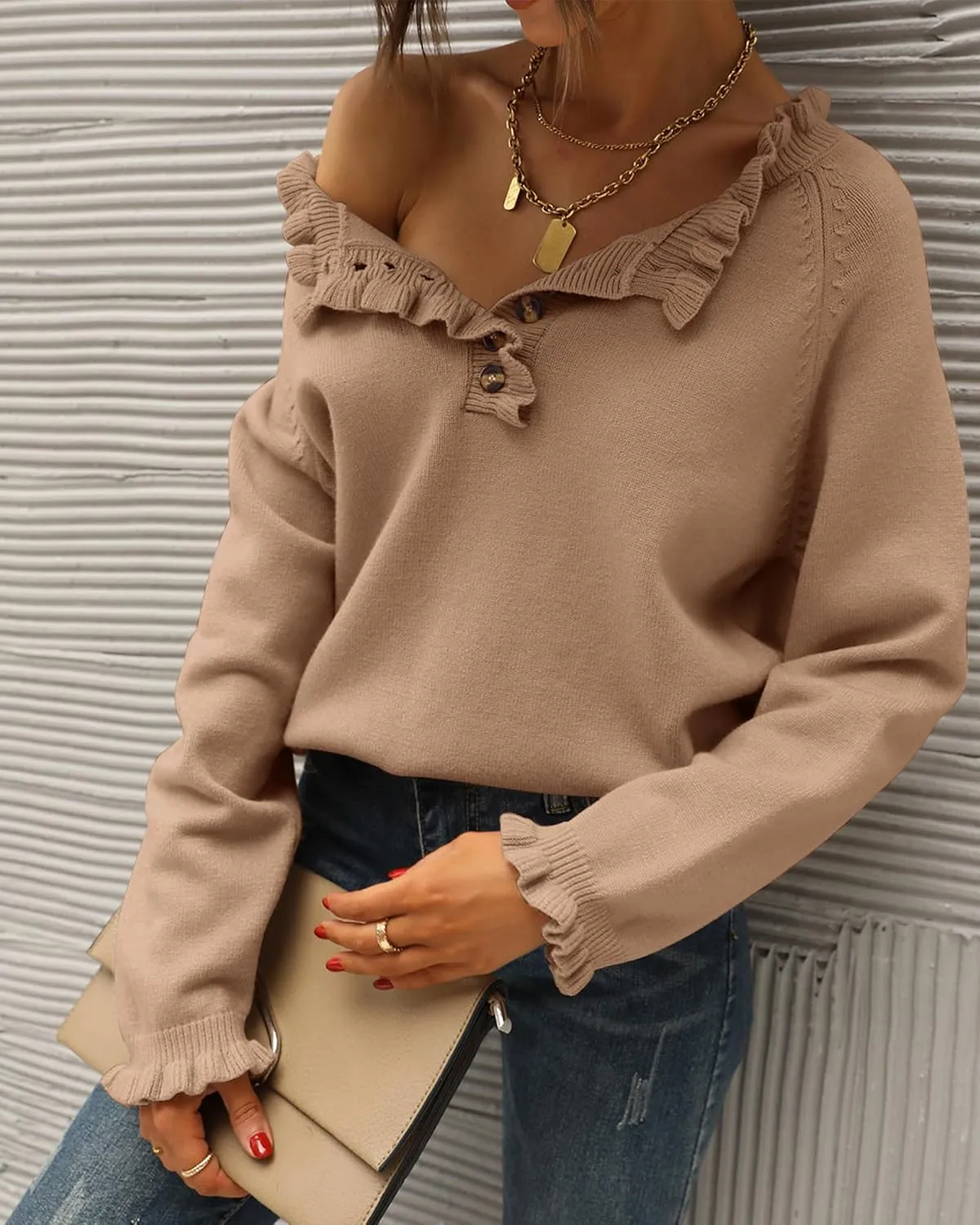 BTFBM Womens Sweaters Fall Winter Clothes 2025 Long Sleeve Button Down Ruffle Crew Neck Casual Knitted Pullover Tops