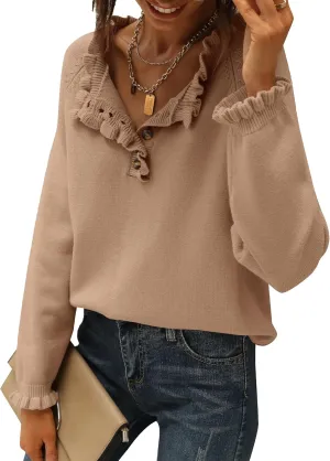 BTFBM Womens Sweaters Fall Winter Clothes 2025 Long Sleeve Button Down Ruffle Crew Neck Casual Knitted Pullover Tops