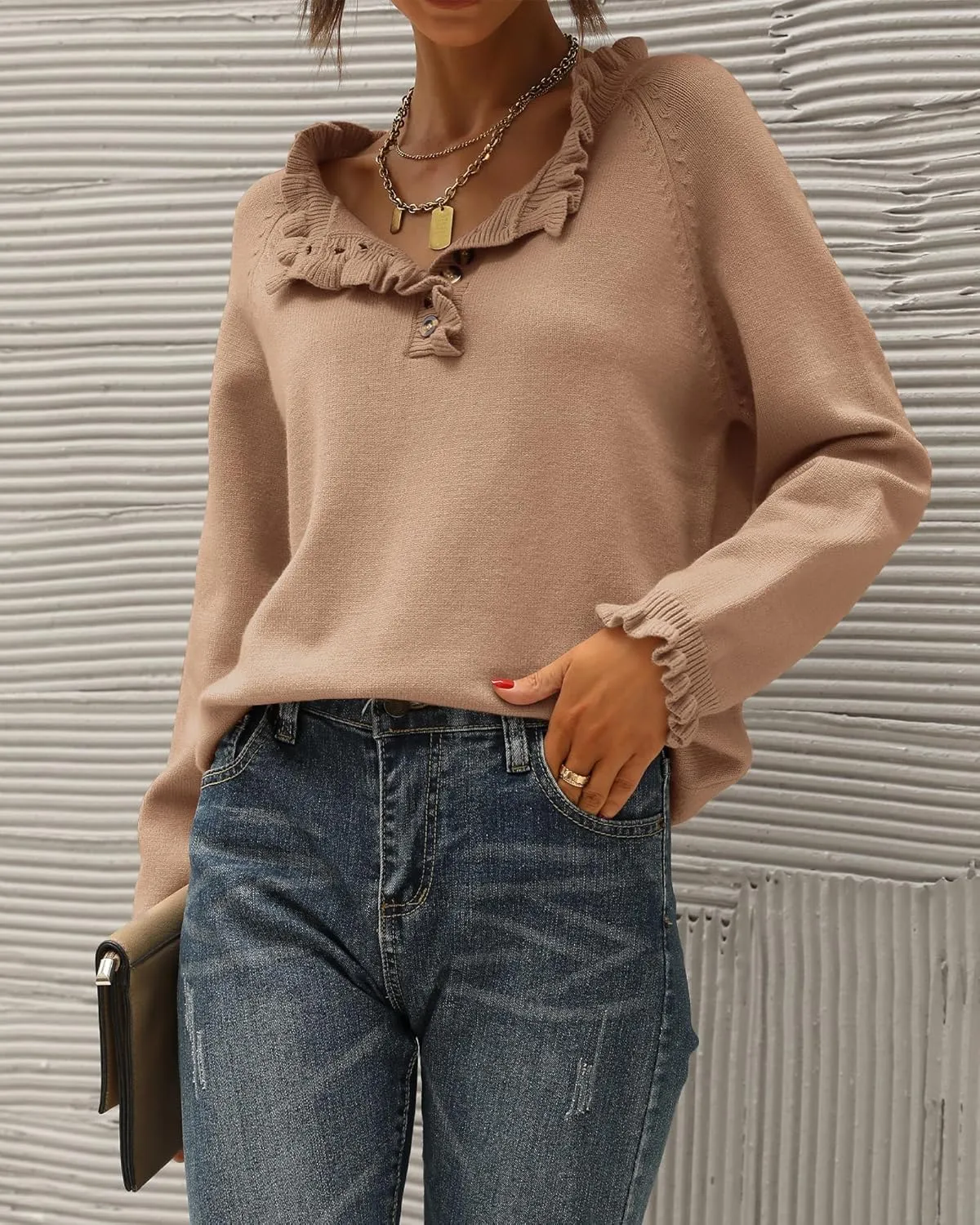 BTFBM Womens Sweaters Fall Winter Clothes 2025 Long Sleeve Button Down Ruffle Crew Neck Casual Knitted Pullover Tops