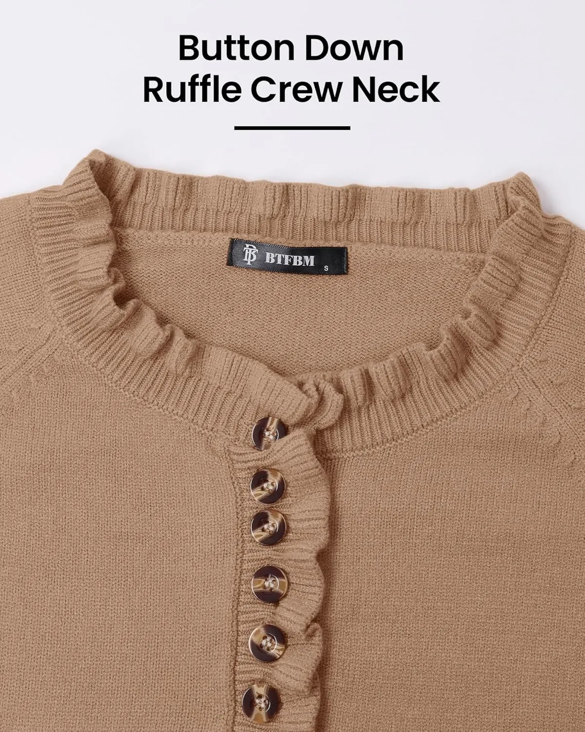 BTFBM Womens Sweaters Fall Winter Clothes 2025 Long Sleeve Button Down Ruffle Crew Neck Casual Knitted Pullover Tops