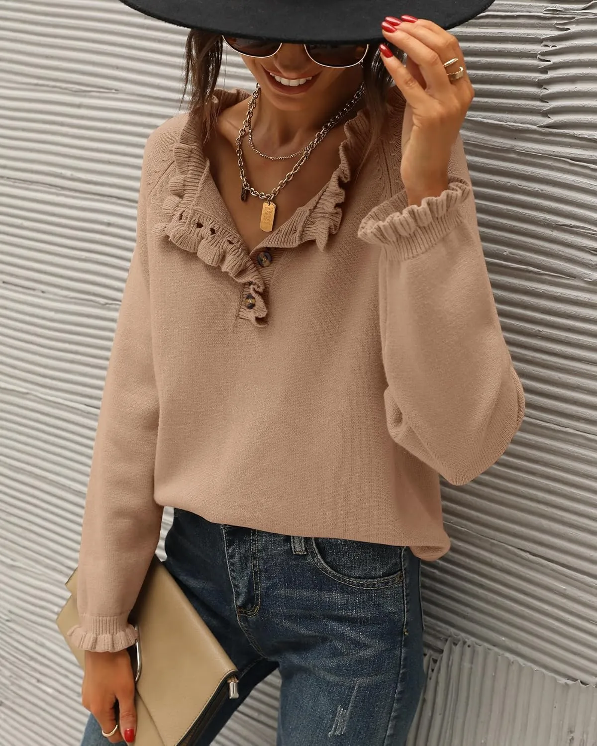 BTFBM Womens Sweaters Fall Winter Clothes 2025 Long Sleeve Button Down Ruffle Crew Neck Casual Knitted Pullover Tops