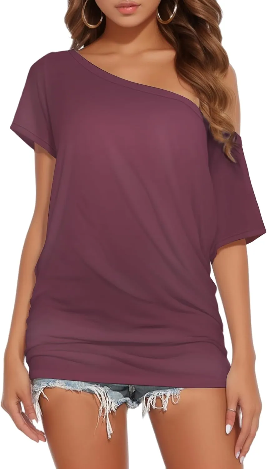 Buauty Womens Summer Off Shoulder Tops Casual Loose Short Sleeve T Shirts One Shoulder Tops Trendy Sexy Cute Tunic Tee