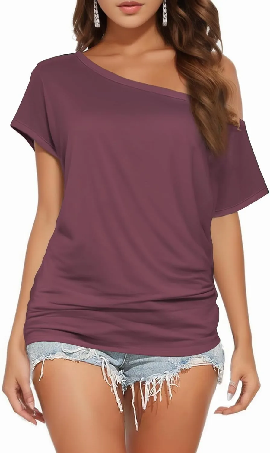 Buauty Womens Summer Off Shoulder Tops Casual Loose Short Sleeve T Shirts One Shoulder Tops Trendy Sexy Cute Tunic Tee