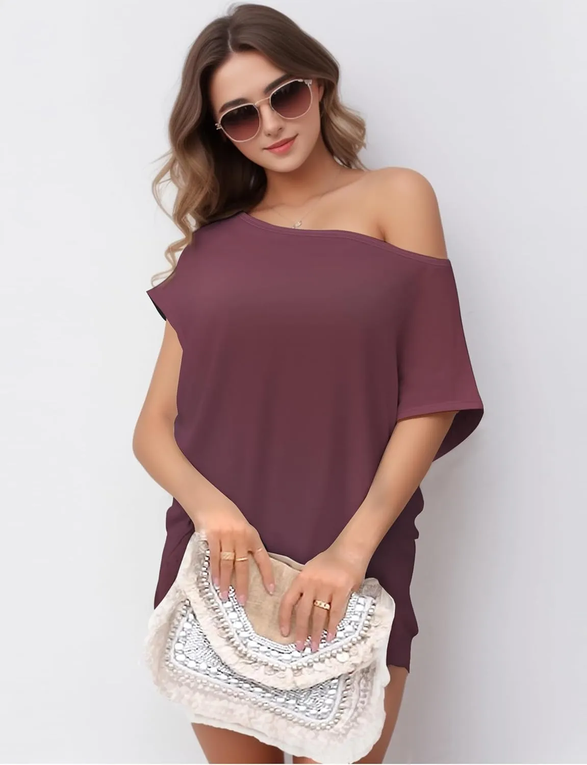 Buauty Womens Summer Off Shoulder Tops Casual Loose Short Sleeve T Shirts One Shoulder Tops Trendy Sexy Cute Tunic Tee