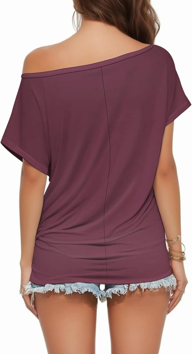 Buauty Womens Summer Off Shoulder Tops Casual Loose Short Sleeve T Shirts One Shoulder Tops Trendy Sexy Cute Tunic Tee