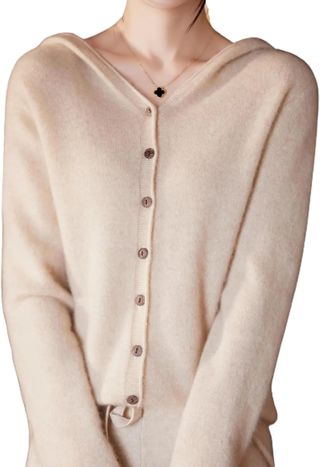 Cashmere Cardigan Sweaters for Women Hoodie V-Neck 100% Pure Wool Long Sleeve Solid Button Loose Casual