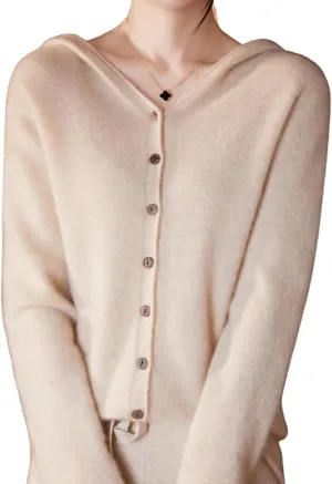Cashmere Cardigan Sweaters for Women Hoodie V-Neck 100% Pure Wool Long Sleeve Solid Button Loose Casual