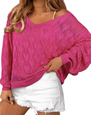 CCTOO Women's Sweaters Casual Oversized V Neck Off Shoulder Sexy Crochet Sweater Batwing Sleeve Pullover Loose Tops