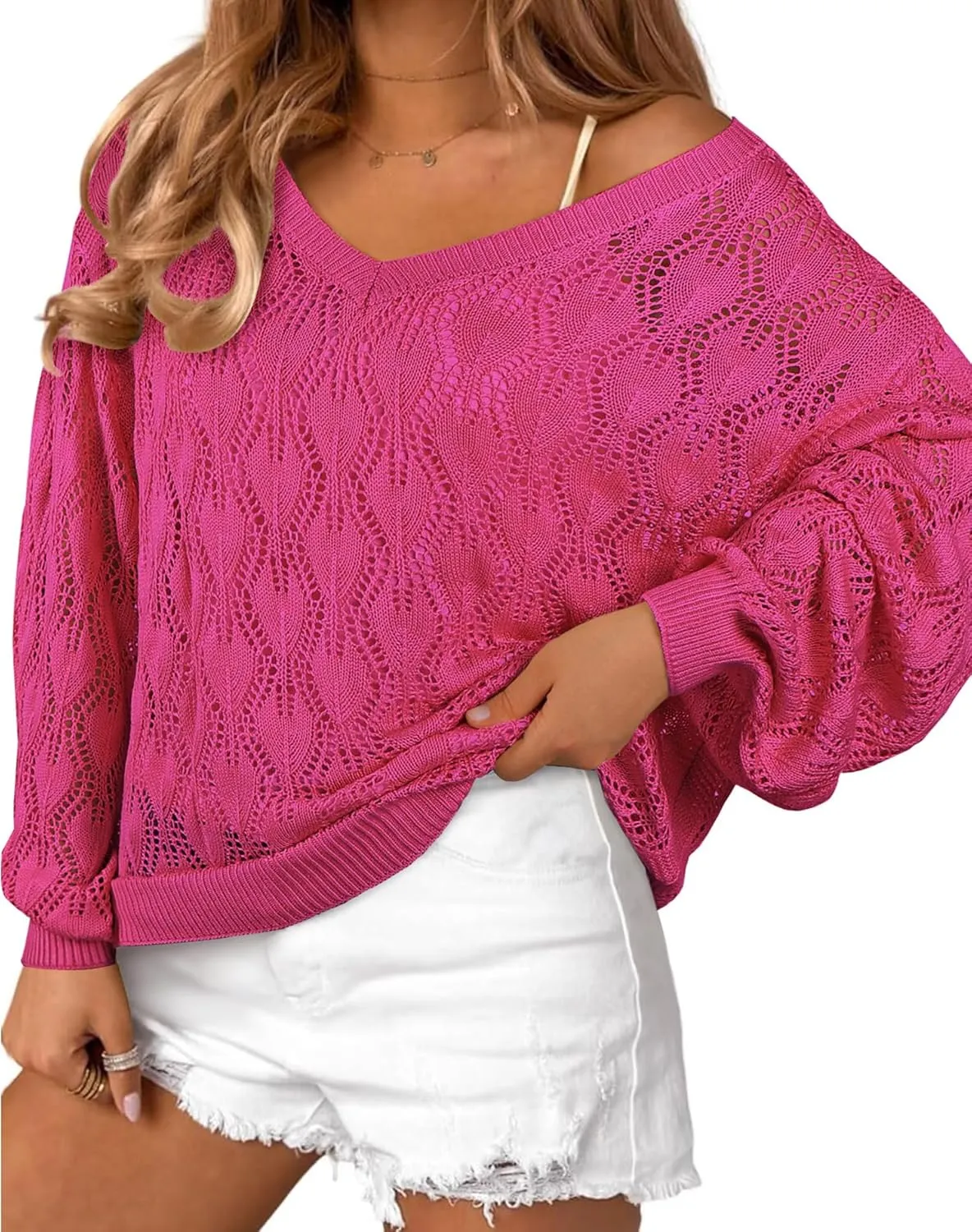 CCTOO Women's Sweaters Casual Oversized V Neck Off Shoulder Sexy Crochet Sweater Batwing Sleeve Pullover Loose Tops
