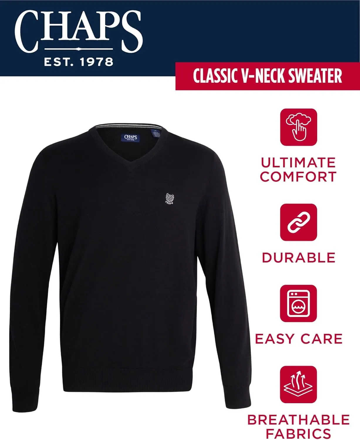 Chaps Men's Casual V Neck Sweater - Ribbed Knit Slim Fit Long Sleeve Pullover Top for Men (M-2XL)