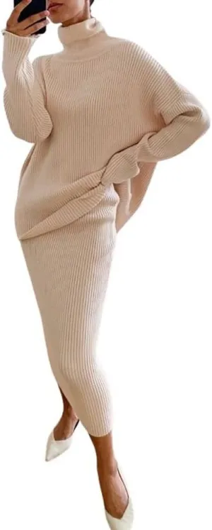 chouyatou Women's Chunky 2 Piece Outfits Turtleneck Knit Sweater and Maxi Bodycon Skirt Sets