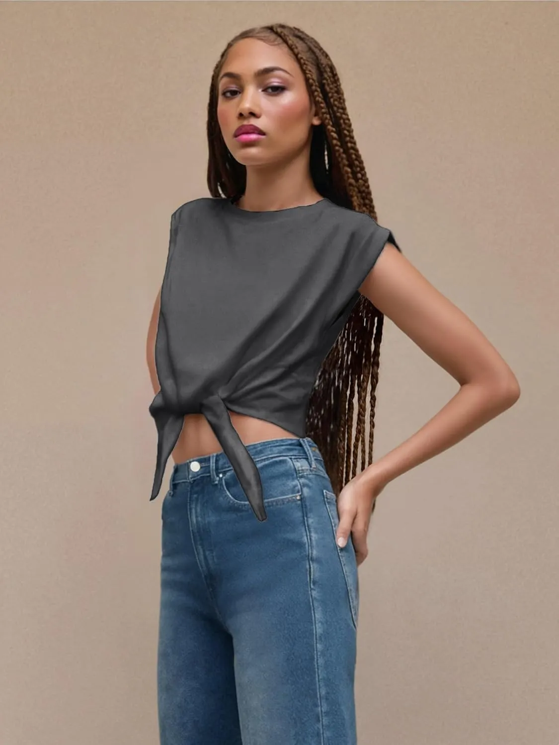 CIDER Crop Tops for Women Crew Neck T Shirts Short Sleeve Knotted Twist Front Loose Summer Basic Tee