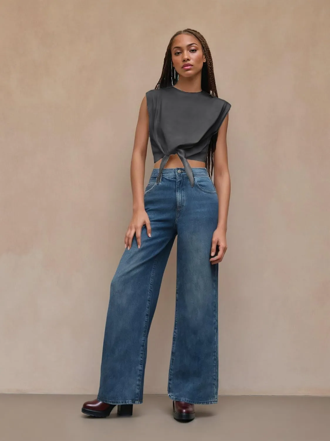 CIDER Crop Tops for Women Crew Neck T Shirts Short Sleeve Knotted Twist Front Loose Summer Basic Tee