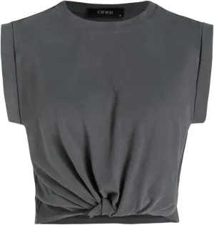 CIDER Crop Tops for Women Crew Neck T Shirts Short Sleeve Knotted Twist Front Loose Summer Basic Tee