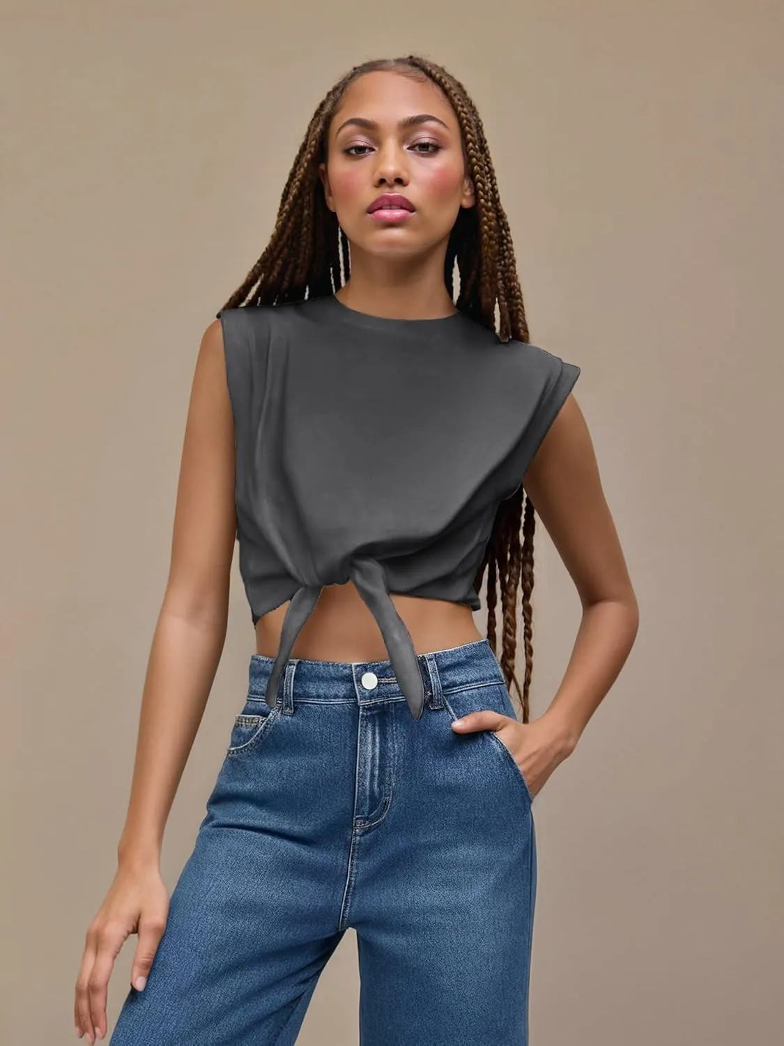 CIDER Crop Tops for Women Crew Neck T Shirts Short Sleeve Knotted Twist Front Loose Summer Basic Tee