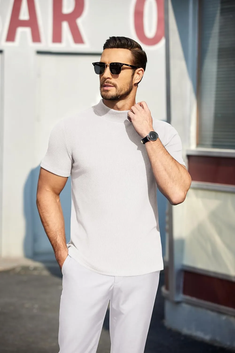 COOFANDY Mens Mock Turtleneck Sweater Short Sleeve Turtle Neck Sweaters Casual Ribbed Knited Pullover Tops Solid Basic Tee