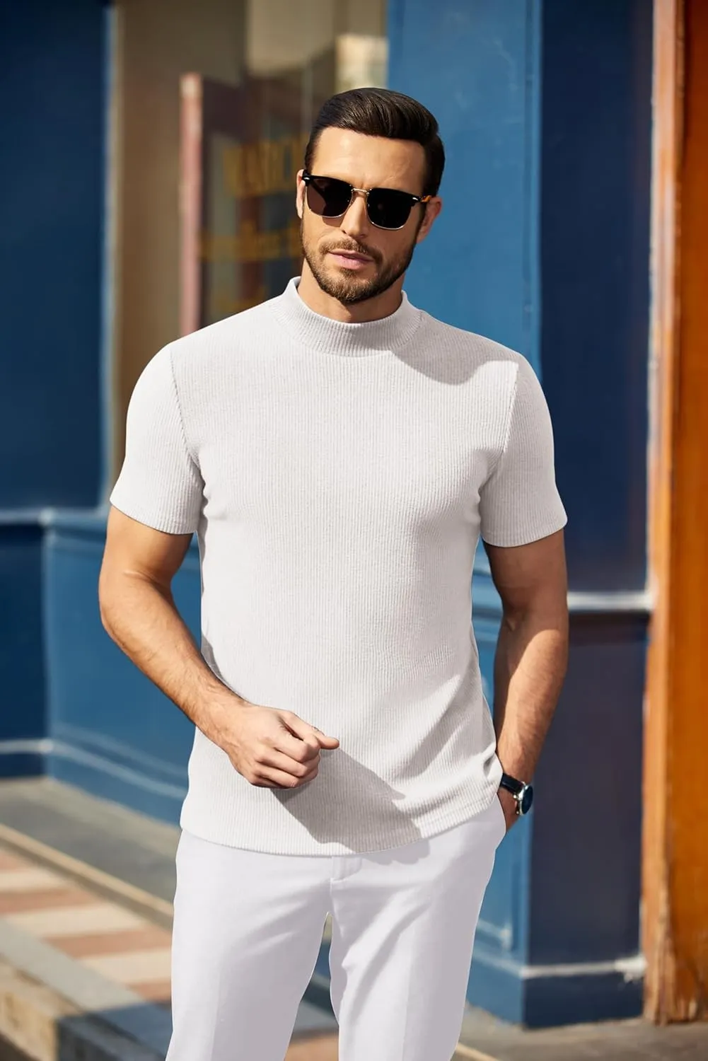 COOFANDY Mens Mock Turtleneck Sweater Short Sleeve Turtle Neck Sweaters Casual Ribbed Knited Pullover Tops Solid Basic Tee