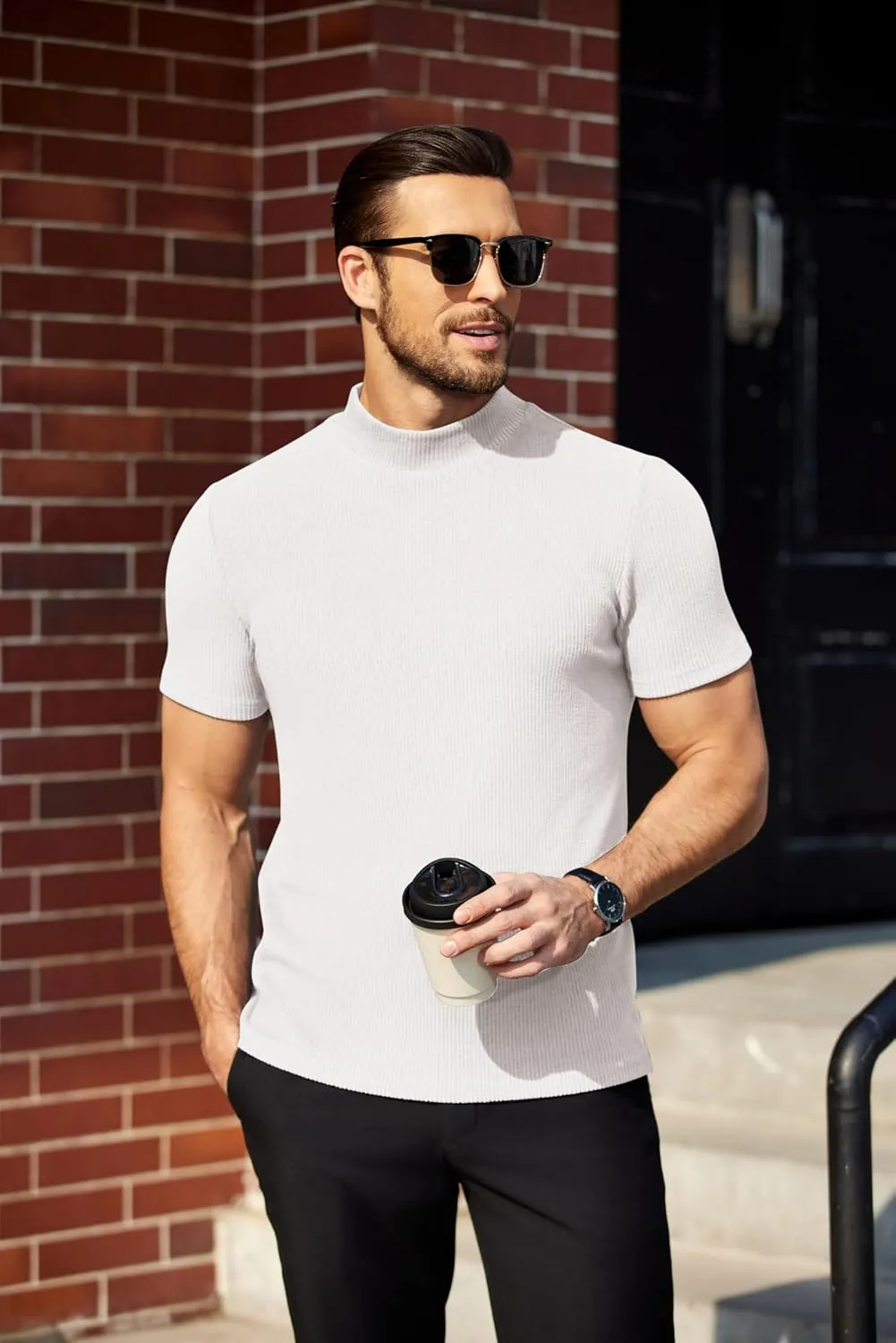 COOFANDY Mens Mock Turtleneck Sweater Short Sleeve Turtle Neck Sweaters Casual Ribbed Knited Pullover Tops Solid Basic Tee