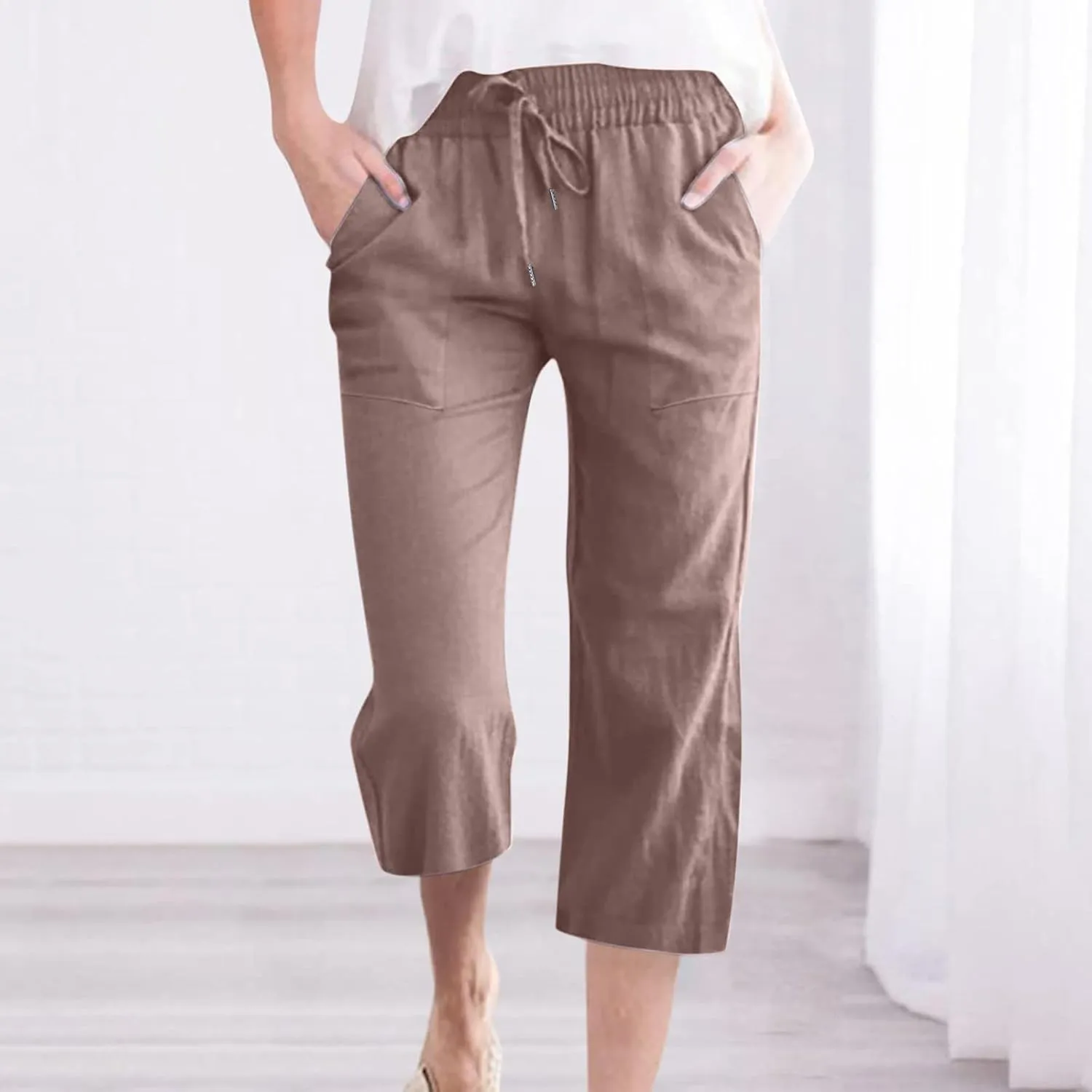 Cotton Linen Capri Pants for Women High Waist Cropped Pant Tie Knot Wide Leg Slacks Summer Beach Palazzo Trousers