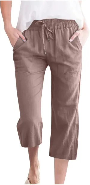 Cotton Linen Capri Pants for Women High Waist Cropped Pant Tie Knot Wide Leg Slacks Summer Beach Palazzo Trousers