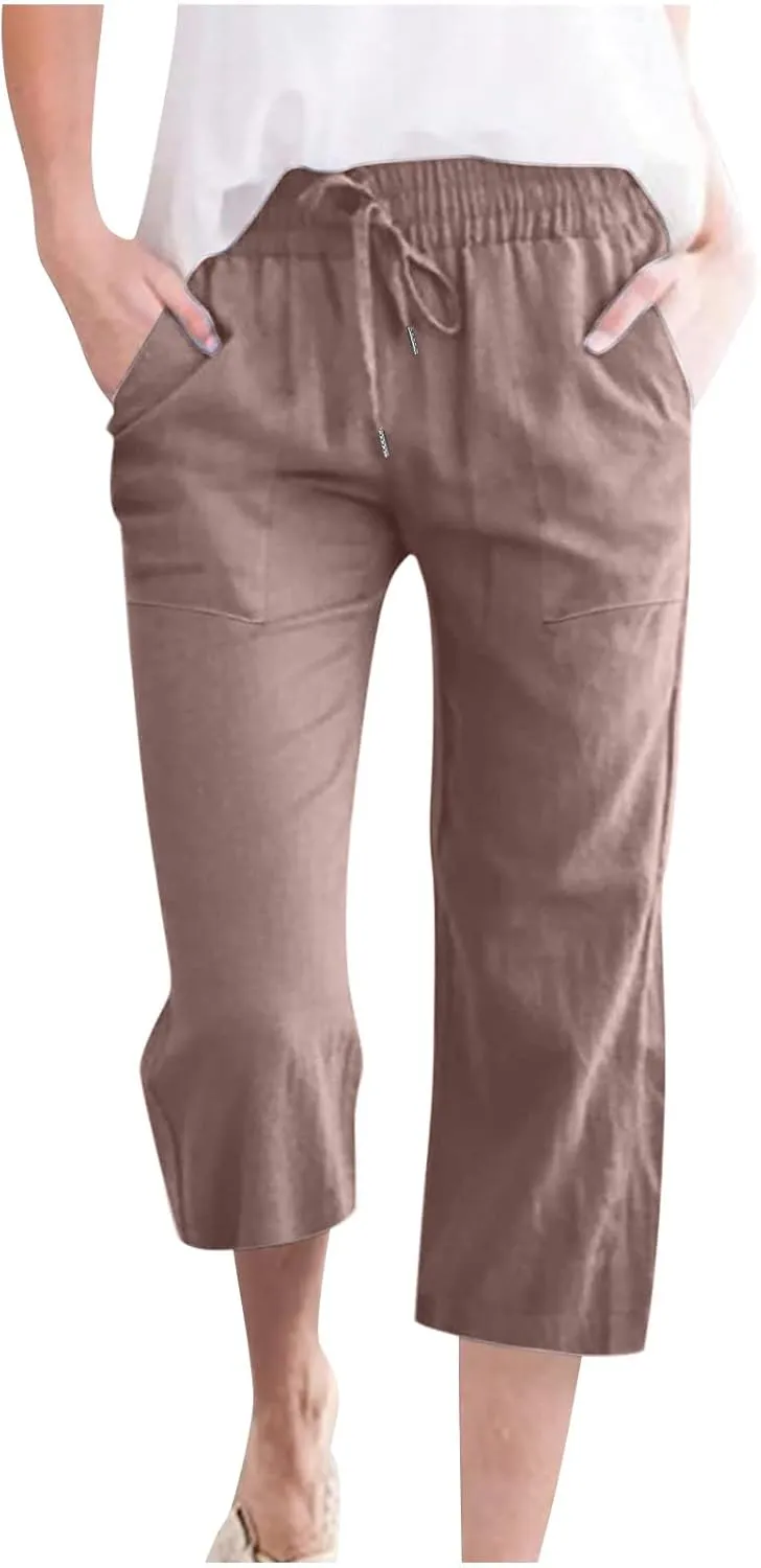 Cotton Linen Capri Pants for Women High Waist Cropped Pant Tie Knot Wide Leg Slacks Summer Beach Palazzo Trousers