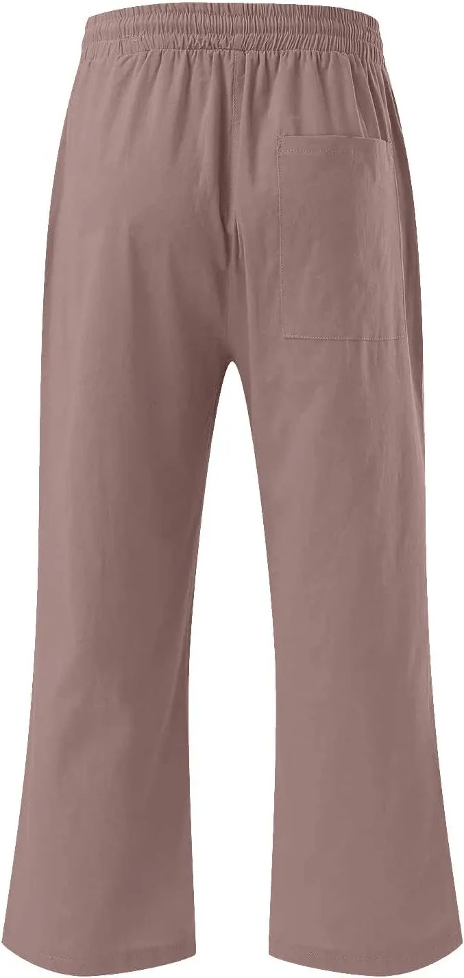 Cotton Linen Capri Pants for Women High Waist Cropped Pant Tie Knot Wide Leg Slacks Summer Beach Palazzo Trousers