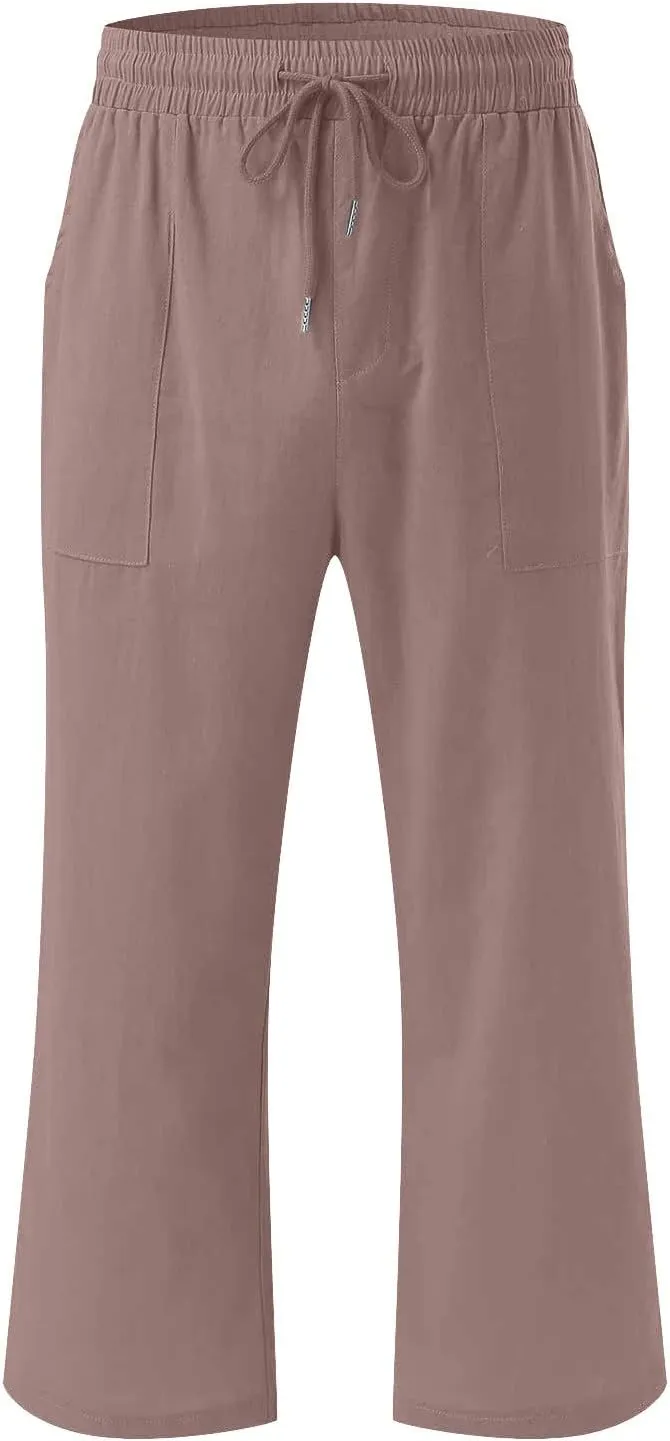 Cotton Linen Capri Pants for Women High Waist Cropped Pant Tie Knot Wide Leg Slacks Summer Beach Palazzo Trousers