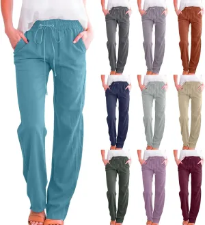 Cotton Linen Pants for Women Casual High Waist Drawstring Loose Straight Wide Leg Lounge Baggy Trousers with Pockets Cotton Linen Pants for Women Casual High Waist Drawstring Loose Straight Wide Leg Lounge Baggy Trousers with Pockets