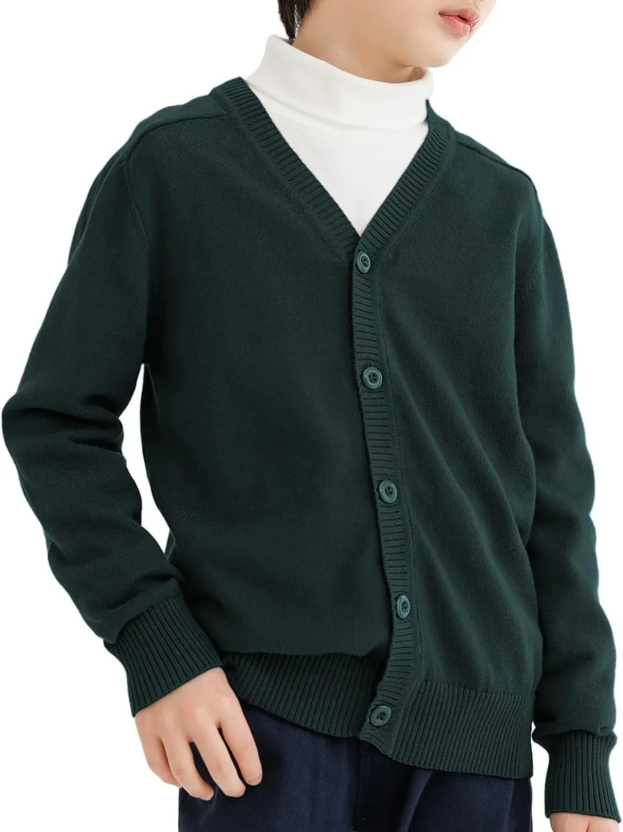 CUNYI Boys' Button-up Cardigan with Elbow Patches V-Neck Cotton Knit Sweater Casual Outerwear