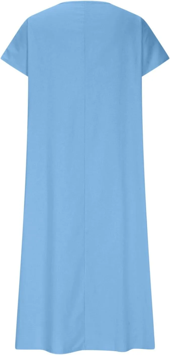 DDAPJ pyju Casual Summer Dresses for Women 2025 Linen V Neck Short Sleeve Tshirt Dress Beach Vacation Flowy Maxi Dresses