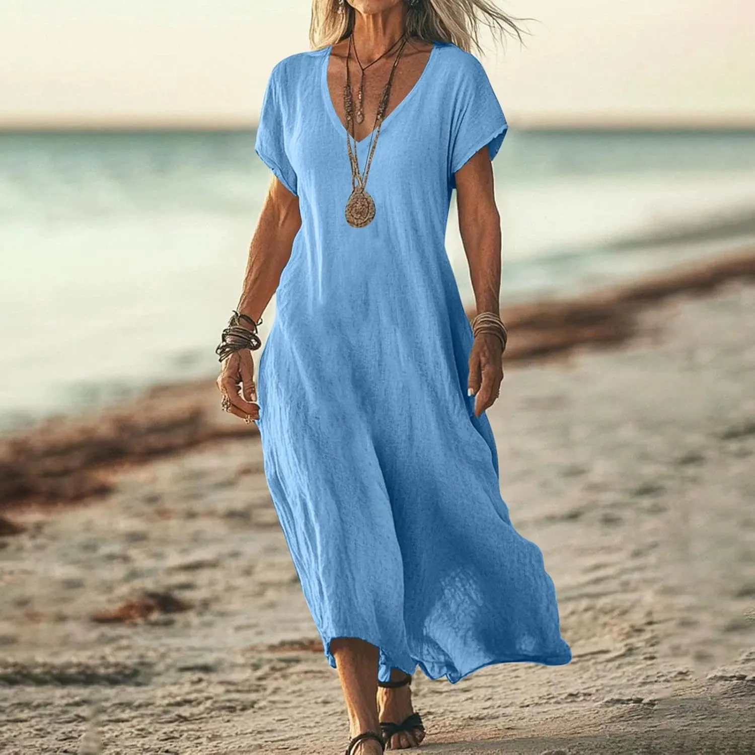 DDAPJ pyju Casual Summer Dresses for Women 2025 Linen V Neck Short Sleeve Tshirt Dress Beach Vacation Flowy Maxi Dresses