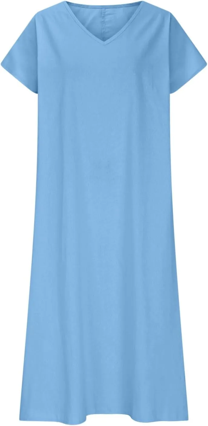 DDAPJ pyju Casual Summer Dresses for Women 2025 Linen V Neck Short Sleeve Tshirt Dress Beach Vacation Flowy Maxi Dresses
