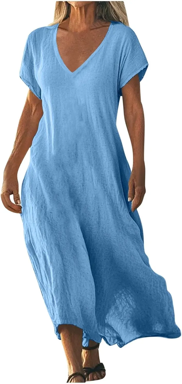 DDAPJ pyju Casual Summer Dresses for Women 2025 Linen V Neck Short Sleeve Tshirt Dress Beach Vacation Flowy Maxi Dresses