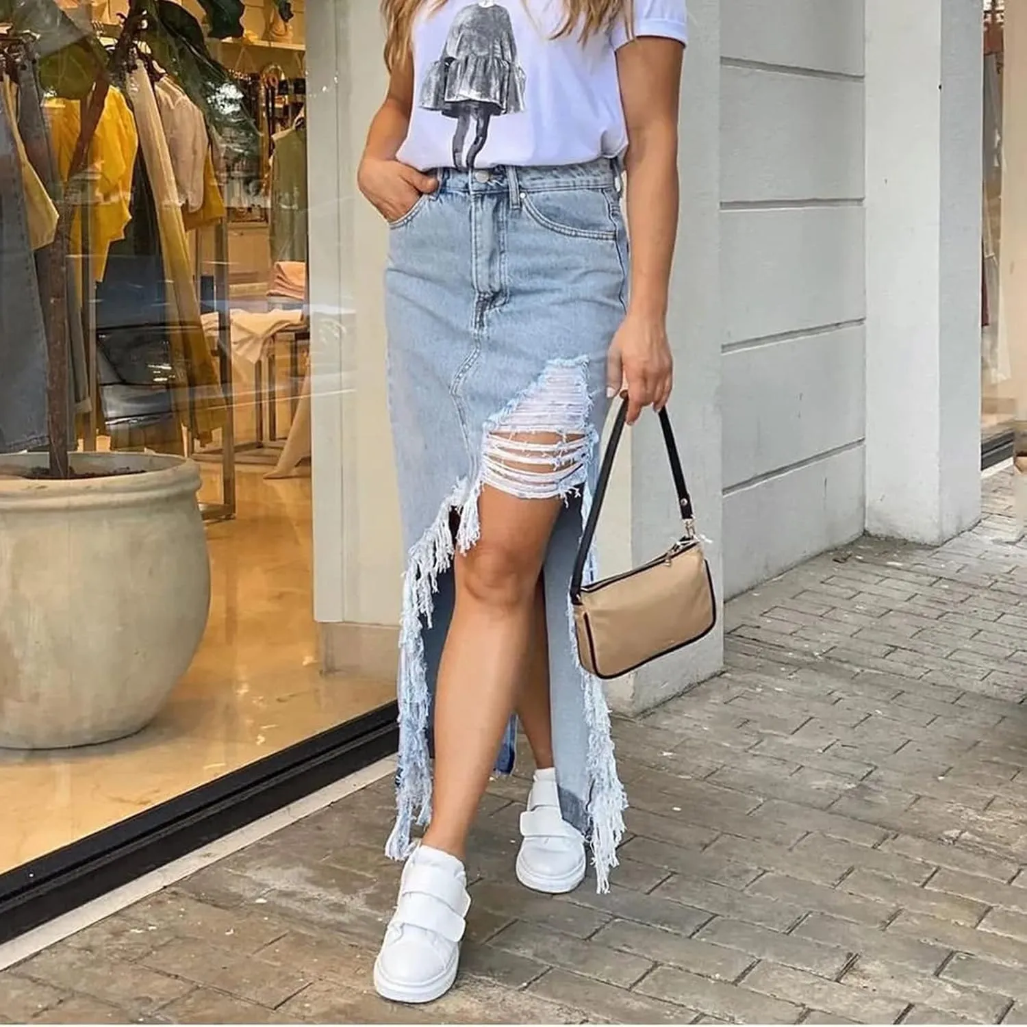 Denim Skirts for Women Tassel Maxi Skirts Button High Waist Back Split Irregular Loose Casual Long Skirt