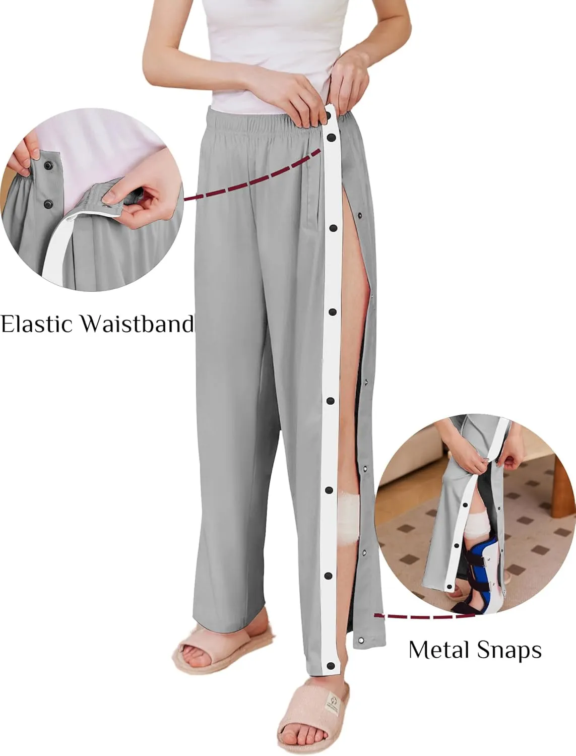 Deyeek Women's Tear Away Pants Side Split Snap Open Bottom Sweatpants Leg Breakaway Post Surgery Pants with Pockets