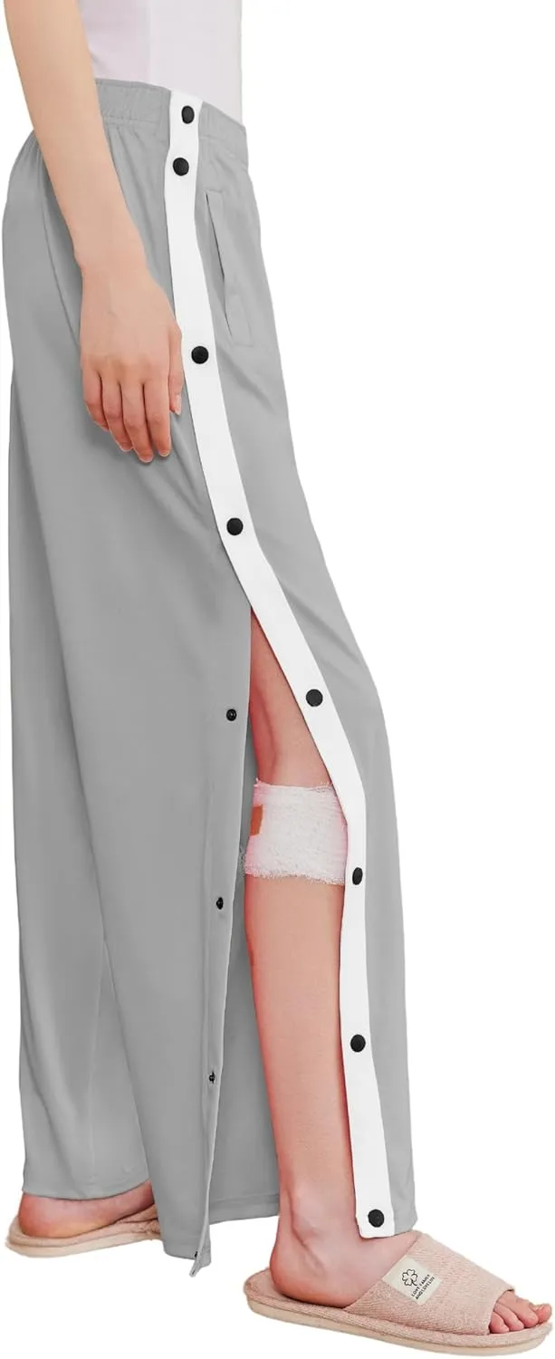 Deyeek Women's Tear Away Pants Side Split Snap Open Bottom Sweatpants Leg Breakaway Post Surgery Pants with Pockets