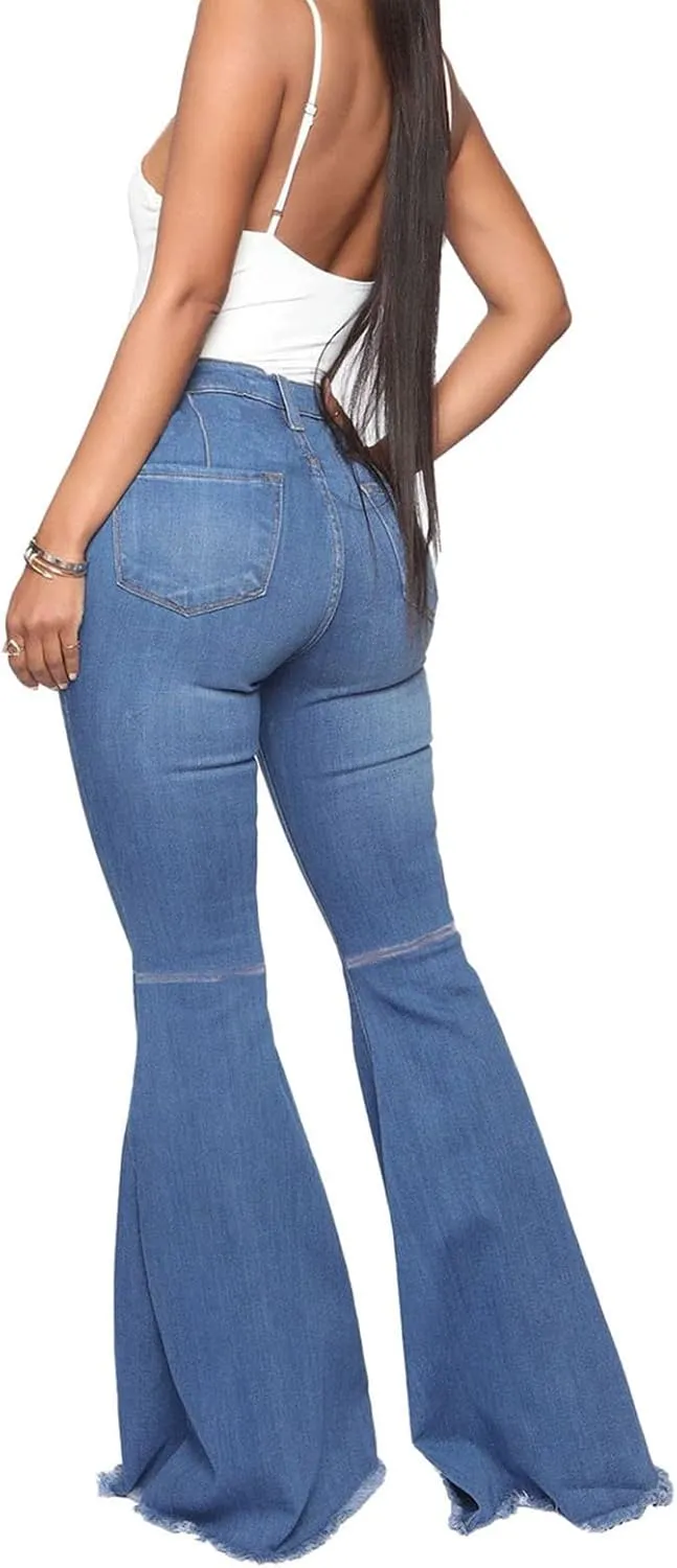 DGHM-JLMY Women's Slim Stretch Denim Flared Pants Fashion Skinny Bell Bottom Jeans High Waisted Straight Slim Fit Denim Pants