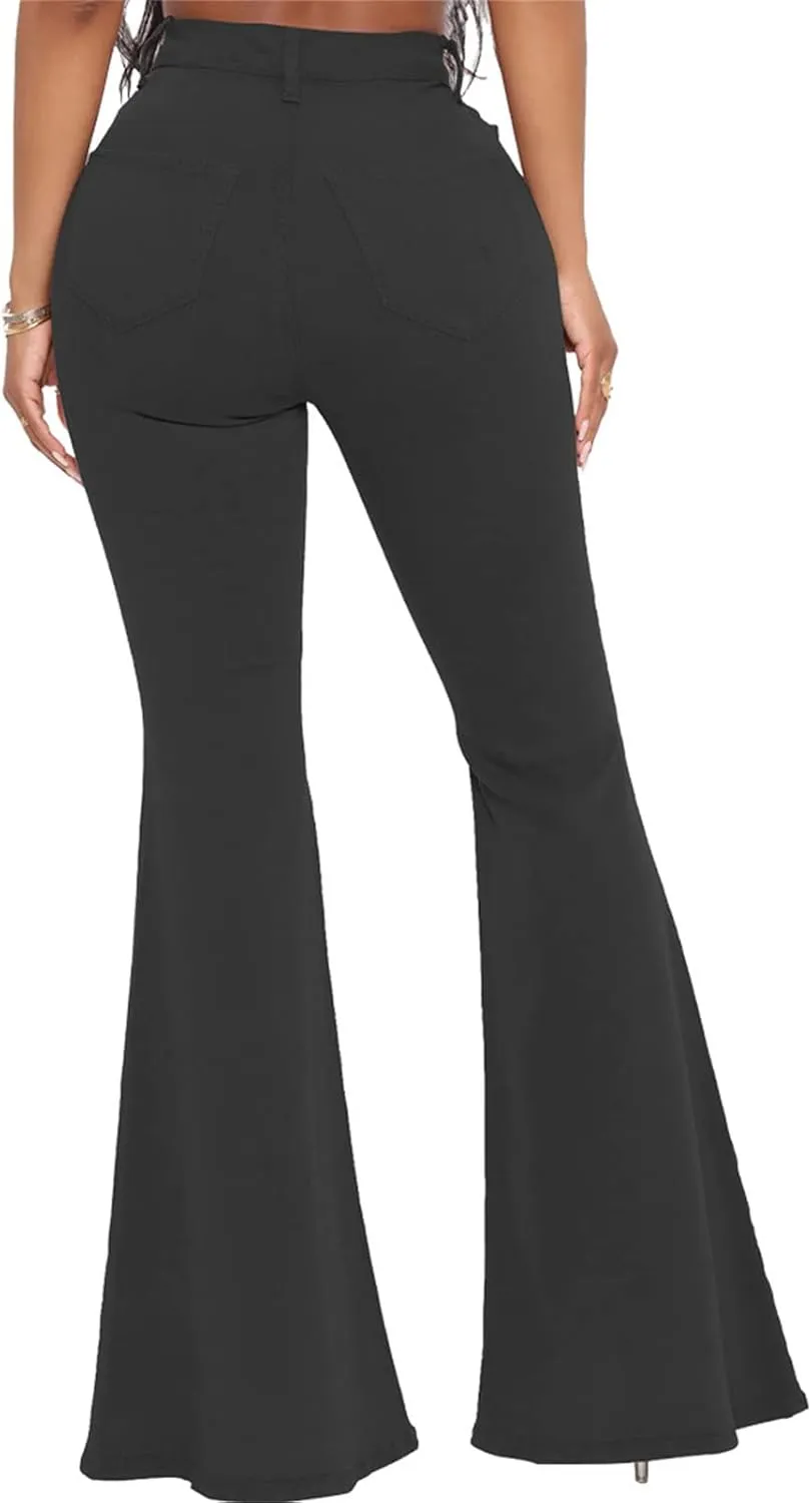 DGHM-JLMY Women's Slim Stretch Denim Flared Pants Fashion Skinny Bell Bottom Jeans High Waisted Straight Slim Fit Denim Pants