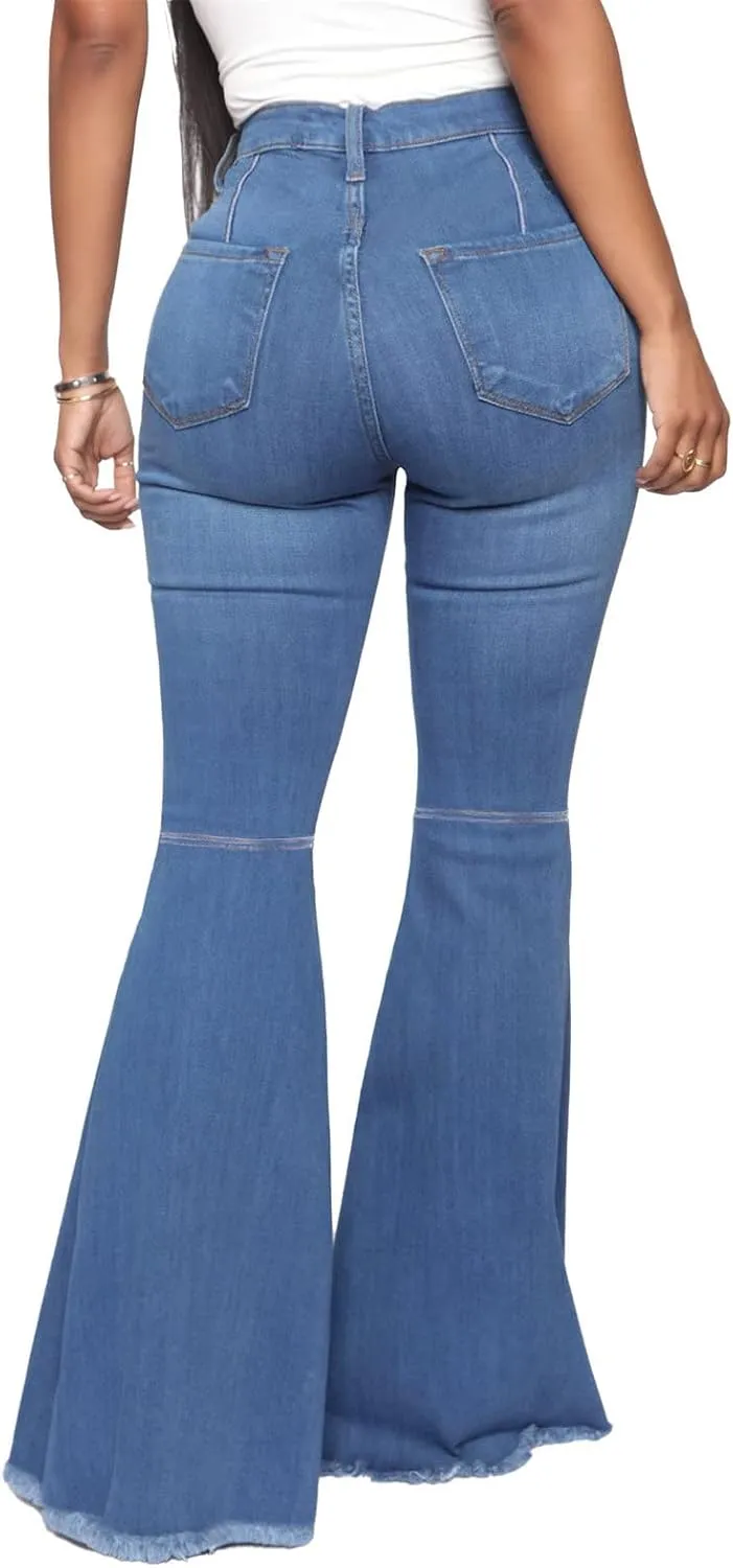 DGHM-JLMY Women's Slim Stretch Denim Flared Pants Fashion Skinny Bell Bottom Jeans High Waisted Straight Slim Fit Denim Pants