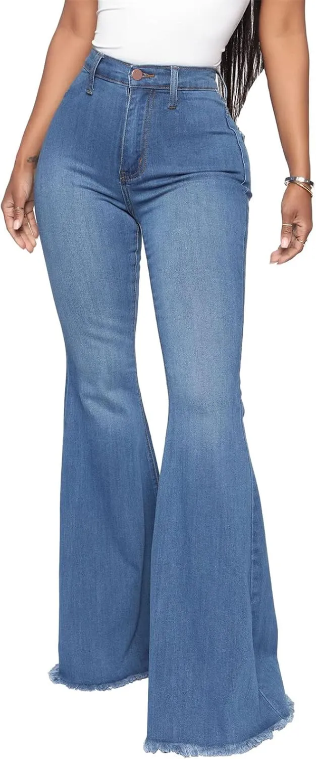 DGHM-JLMY Women's Slim Stretch Denim Flared Pants Fashion Skinny Bell Bottom Jeans High Waisted Straight Slim Fit Denim Pants