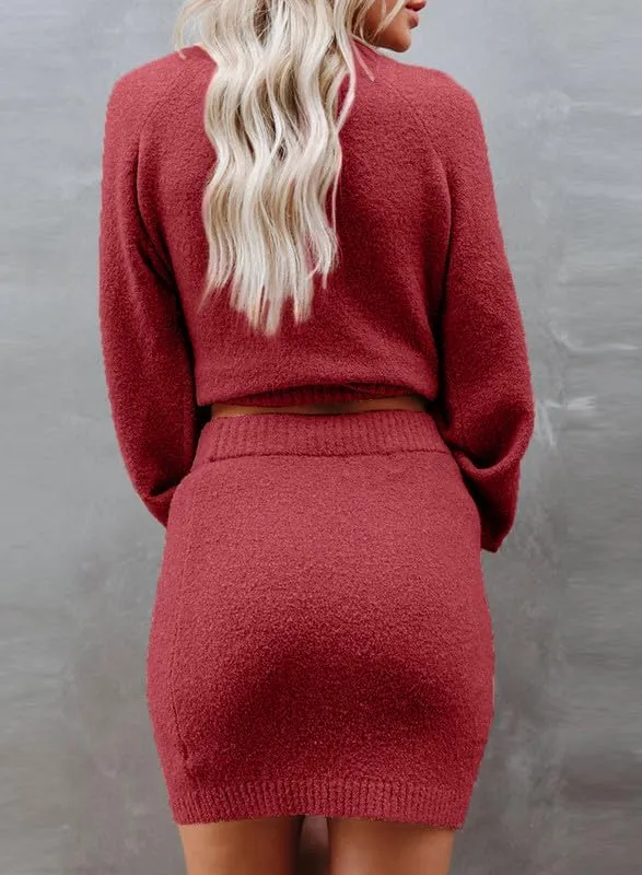 Dokotoo Women's 2 Piece Outfits Sweater Set Puff Long Sleeve Knit Cropped Top and Bodycon Skirt Dress