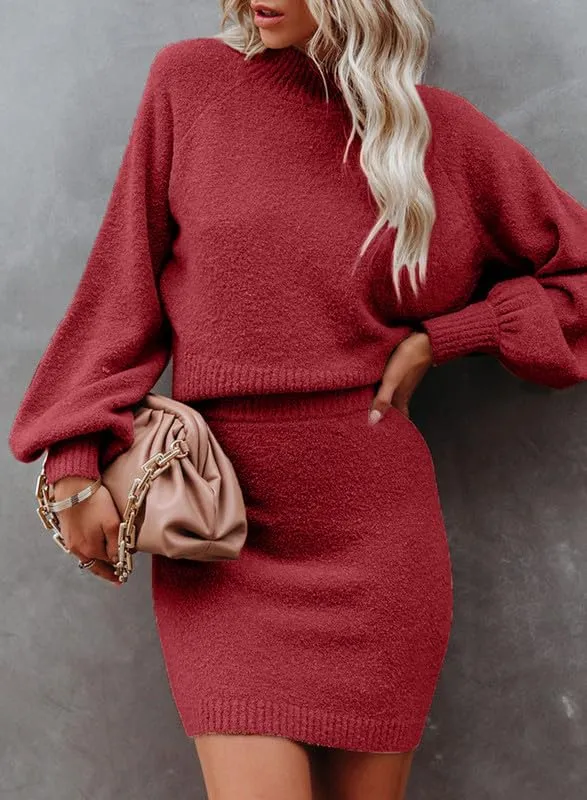 Dokotoo Women's 2 Piece Outfits Sweater Set Puff Long Sleeve Knit Cropped Top and Bodycon Skirt Dress