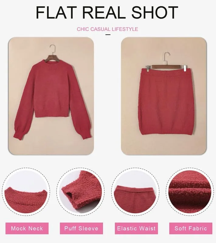 Dokotoo Women's 2 Piece Outfits Sweater Set Puff Long Sleeve Knit Cropped Top and Bodycon Skirt Dress