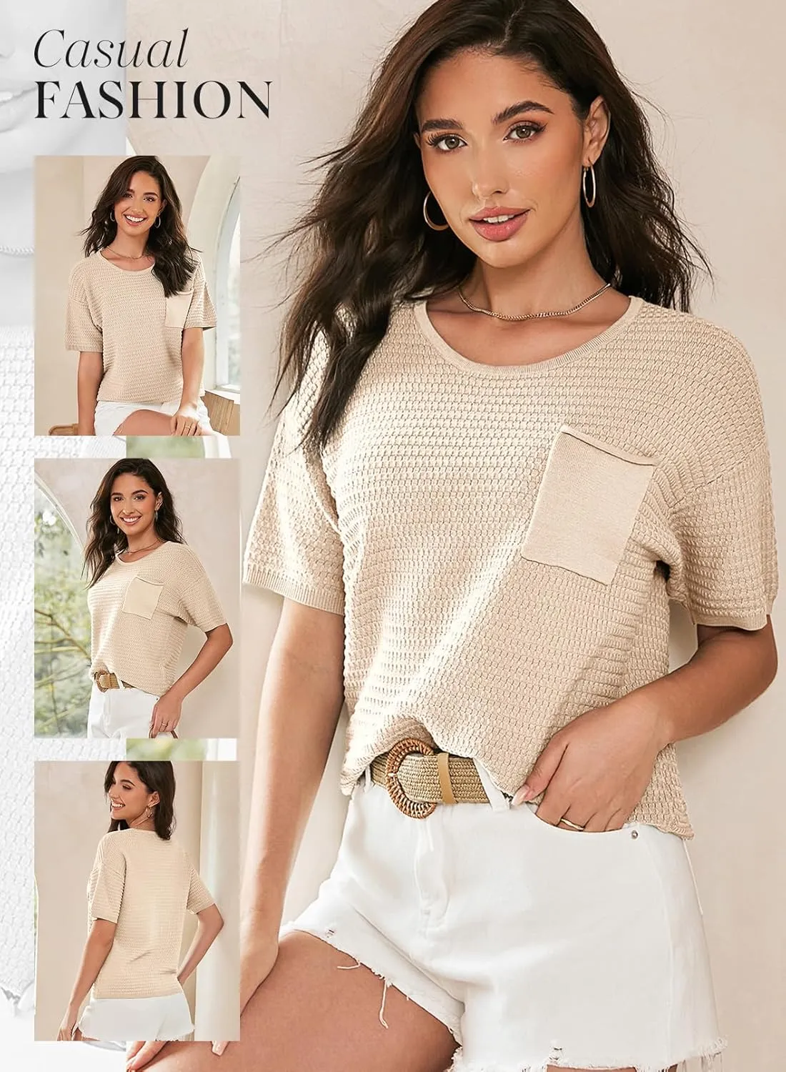 Dokotoo Womens Sweaters Casual Crewneck Short Sleeve Lightweight Knit Trendy Pullover Sweater Tops Spring Summer Outfits