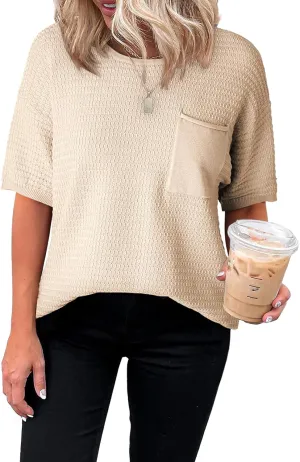 Dokotoo Womens Sweaters Casual Crewneck Short Sleeve Lightweight Knit Trendy Pullover Sweater Tops Spring Summer Outfits